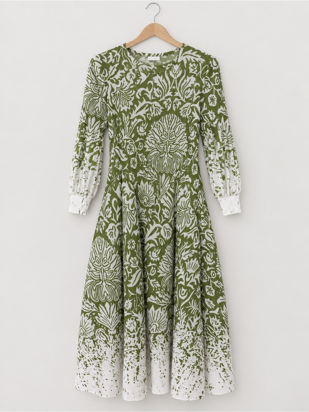 K&K Modest Apparel Green White Floral Midi Women’s Dress One Size Bouncy Flowy